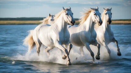 Naklejka na ściany i meble herd of white horse running through the water 