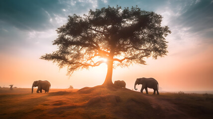Fototapeta na wymiar elephants staying under the big tree in the middle of dry land 
