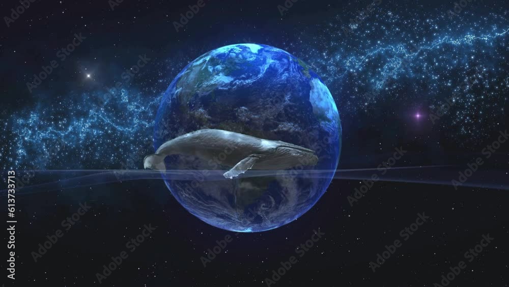 Wall mural the blue whale swims towards the cosmic waves, against the backdrop of the vast earth. fantasy with 