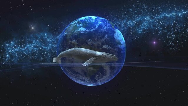 The blue whale swims towards the cosmic waves, against the backdrop of the vast earth. Fantasy with a big whale floating on the waves of time and the universe.