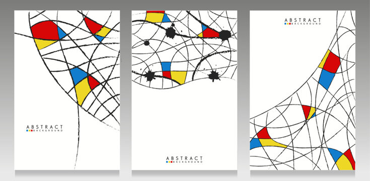 Abstract art cover set. Black wavy brushstrokes, ink splashes and primary colors shapes. Mondrian style emulation.
