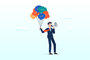 Businessman holding speech bubble balloons while talking on megaphone, communication or PR, Public Relations manager to communicate company information and media, announce sales or promotion (Vector)