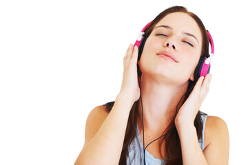 Naklejka premium Headphones, freedom and woman listening to a song, album or radio with peace and confidence. Technology, calm and young female model streaming music or playlist isolated by transparent png background