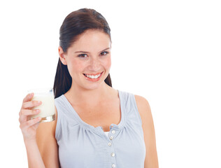 Woman, smile and portrait with milk in glass, health and nutrition with calcium isolated on transparent png background. Wellness, digestion and healthy, young female person smile with milkshake