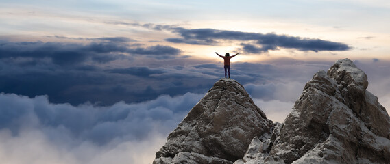 Adventurous Woman Standing on top of Mountain Cliff. Exteme Adventure Composite