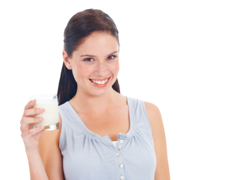 Woman, smile and portrait with milk in glass, health and nutrition with calcium isolated on transparent png background. Wellness, digestion and healthy, young female person smile with milkshake - Powered by Adobe