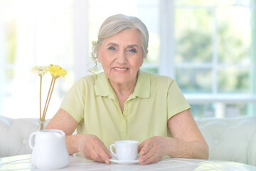 Portrait of beautiful old woman with cup of tea at home
