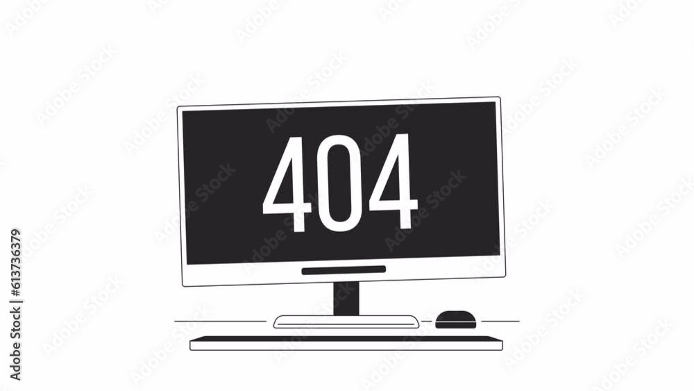 Poster broken monitor bw 404 animation. damaged computer. empty state 4k video concept footage with alpha c