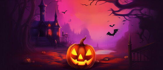 Fototapeta premium Halloween background with scary pumpkins candles in the graveyard at night with a castle background
