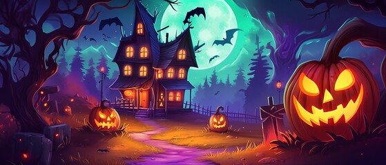 Halloween background with scary pumpkins candles in the graveyard at night with a castle background - obrazy, fototapety, plakaty
