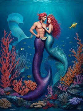 AI generate image of a young beautiful mermaid couple under the sea
