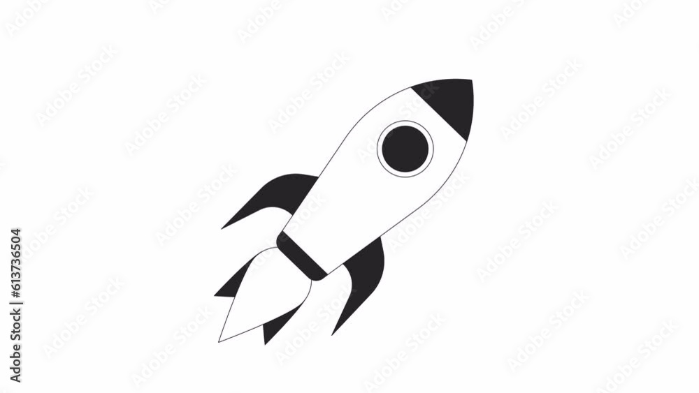 Poster rocket in flight bw animation. flat outline style icon 4k video footage for web design. space future