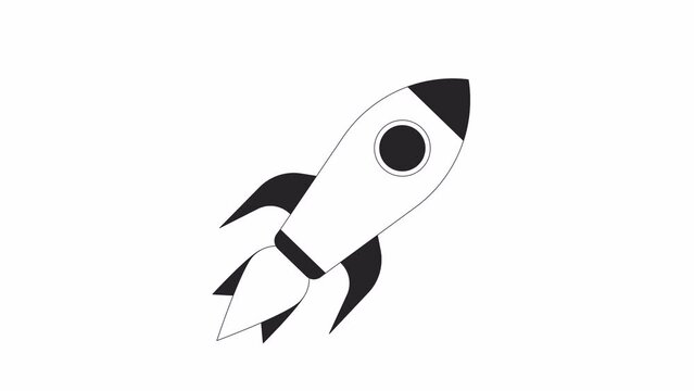 Rocket in flight bw animation. Flat outline style icon 4K video footage for web design. Space future isolated monochrome thin line animated object on white background with alpha channel transparency