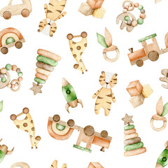 Fototapeta premium Seamless pattern with pyramid, train, tiger, car, rocket, cubes and giraffe on wheels and teething toy. Endless baby background. Hand drawn watercolor illustration eco baby toys for fabric, baby