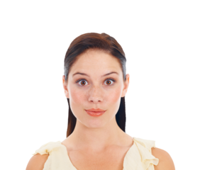 Portrait, surprise and woman with beauty, wow and girl isolated against a transparent background. Face, female person and model shocked, omg and png with announcement, facial and good news with emoji
