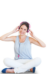Headphones, portrait and a happy woman listening to music with a smile for audio, radio or sound. Young person sit on floor with mp3 headset to listen to song isolated on transparent, png background
