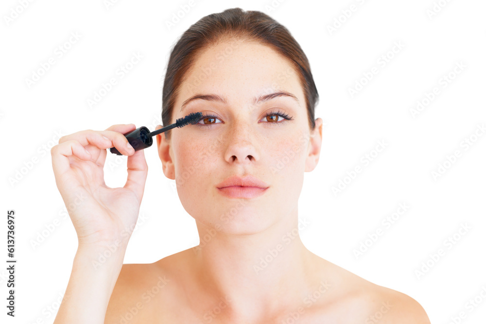 Sticker Mascara, makeup and beauty, woman in portrait with brush and cosmetic product isolated on png transparent background. Cosmetics, eyelash extension and volume, female model with skin, glow and lashes