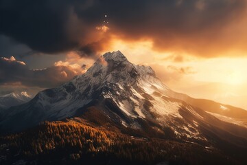 Fototapeta na wymiar sunset on the mountain peak. Generative ai