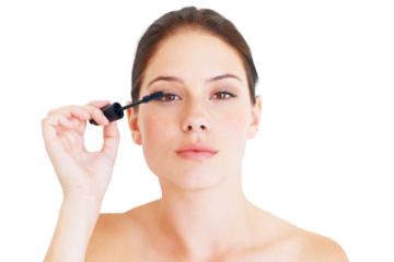 Mascara, makeup and beauty, woman in portrait with brush and cosmetic product isolated on png transparent background. Cosmetics, eyelash extension and volume, female model with skin, glow and lashes