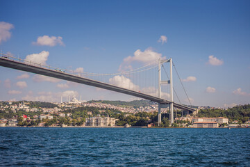 Bosphorus bridge on a summer sunny day, view from the sea, Istanbul Turkey