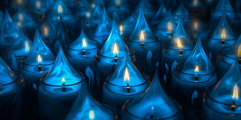 Spiritual candles Stock Photos and Images, Many Blue Wax Candle in Glass. Close-up AI Generative 