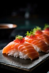 Nigiri salmon, sake, with tobiko. Traditional Japanese cuisine. Generative AI.