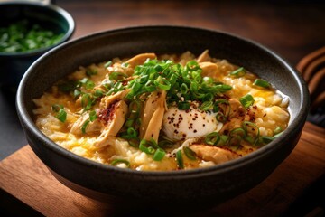 Oyakodon, bowl of rice topped with chicken and egg. Generative AI.