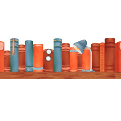 Seamless border. A bookshelf with a lot of books, with a desk lamp and glasses. Horizontal border of various education books. Suitable for back to school, university, college, library. Personal diary.