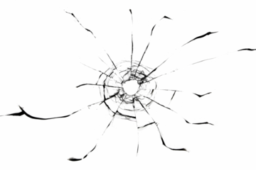 Texture of glass cracks from a gun shot. Bullet hole in window, isolated texture on white background