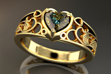 Engagement ring with heart-shaped gem. Wedding ring with shiny gemstone. Generative AI.