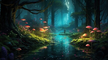 An enchanted forest glowing with bioluminescent plants and creatures. The view embodies the mystique and wonder of a magical realm. Generative AI.