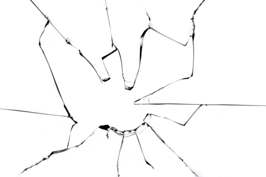 Texture of cracked broken glass isolated on white background. Broken window, effect for use in design