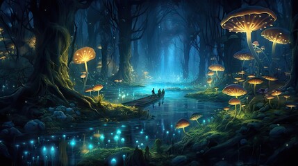 An enchanted forest glowing with bioluminescent plants and creatures. The view embodies the mystique and wonder of a magical realm. Generative AI