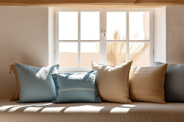 Mediterranean interior design composition with pillows - Minimalistic concept. Generative AI