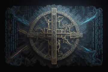 Celtic cross on a dark background. New religious symbol generated with AI.