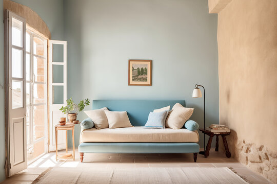 Mediterranean interior design composition with pillows - Minimalistic concept. Generative AI