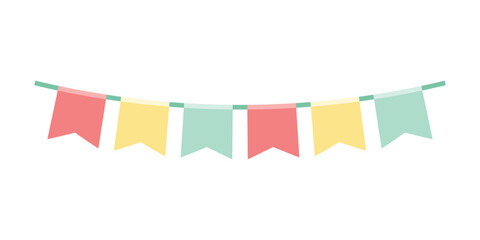 Carnival garland with flags. Decorative colorful party pennants for birthday celebration. Bunting and garland set. Colorful festive flags. Elements for celebrating, party or festival design.