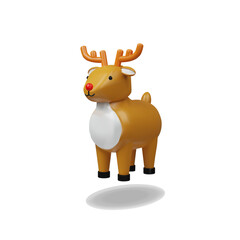 3d render cute Christmas reindeer. Cartoon deer in plastic, clay style. Xmas element for winter decoration. Vector illustration in cartoon style. Animal character for december holiday