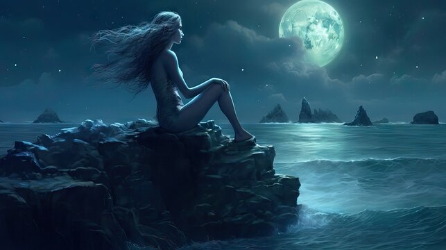 A mermaid sitting on a rock in the middle of the ocean, gazing at the moon. The image captures the serenity and mystery of the mythical undersea world. Generative AI.