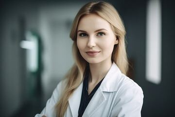 Fototapeta premium Retrato de una joven doctora, con bata, mirando a cámara