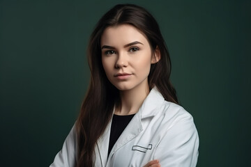 Retrato de una joven doctora, con bata, mirando a cámara