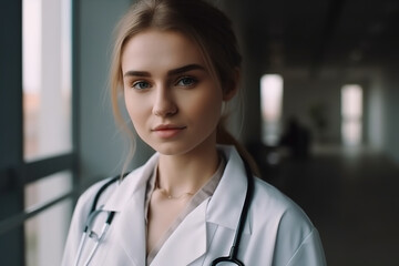 Retrato de una joven doctora, con bata, mirando a cámara