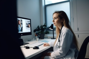 Retrato de una joven doctora, con bata, mirando a cámara