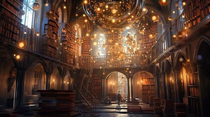 Fototapeta na wymiar A magical library filled with floating books and glowing orbs of light. This image gives off a sense of wonder and endless knowledge. Generative AI