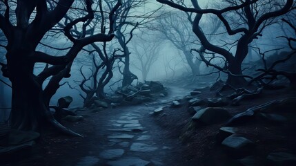 A haunted forest with gnarled trees, dense fog, and the hint of eyes glowing in the darkness, inspiring a sense of dread and the supernatural. Generative AI