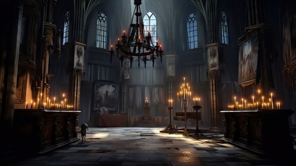 Obraz premium A gothic interior with cobwebs, candelabras, and shadows cast by flickering candlelight. The scene depicts a chilling sense of the past and the unknown. Generative AI