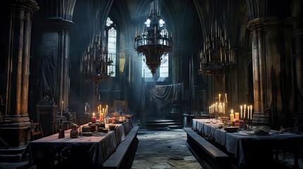A gothic interior with cobwebs, candelabras, and shadows cast by flickering candlelight. The scene depicts a chilling sense of the past and the unknown. Generative AI - obrazy, fototapety, plakaty