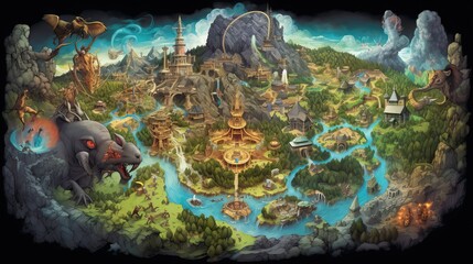 Fototapeta na wymiar A detailed map of a fantasy world, complete with mythical creatures and magical landmarks. The image ignites a sense of adventure and exploration. Generative AI.