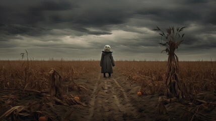 A desolate landscape under a dark, stormy sky with a scarecrow in the foreground. The scene exudes a feeling of solitude and eeriness. Generative AI