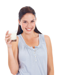 Smile, face and woman with glass of, milk for healthy drink, bone benefits and detox or protein and...